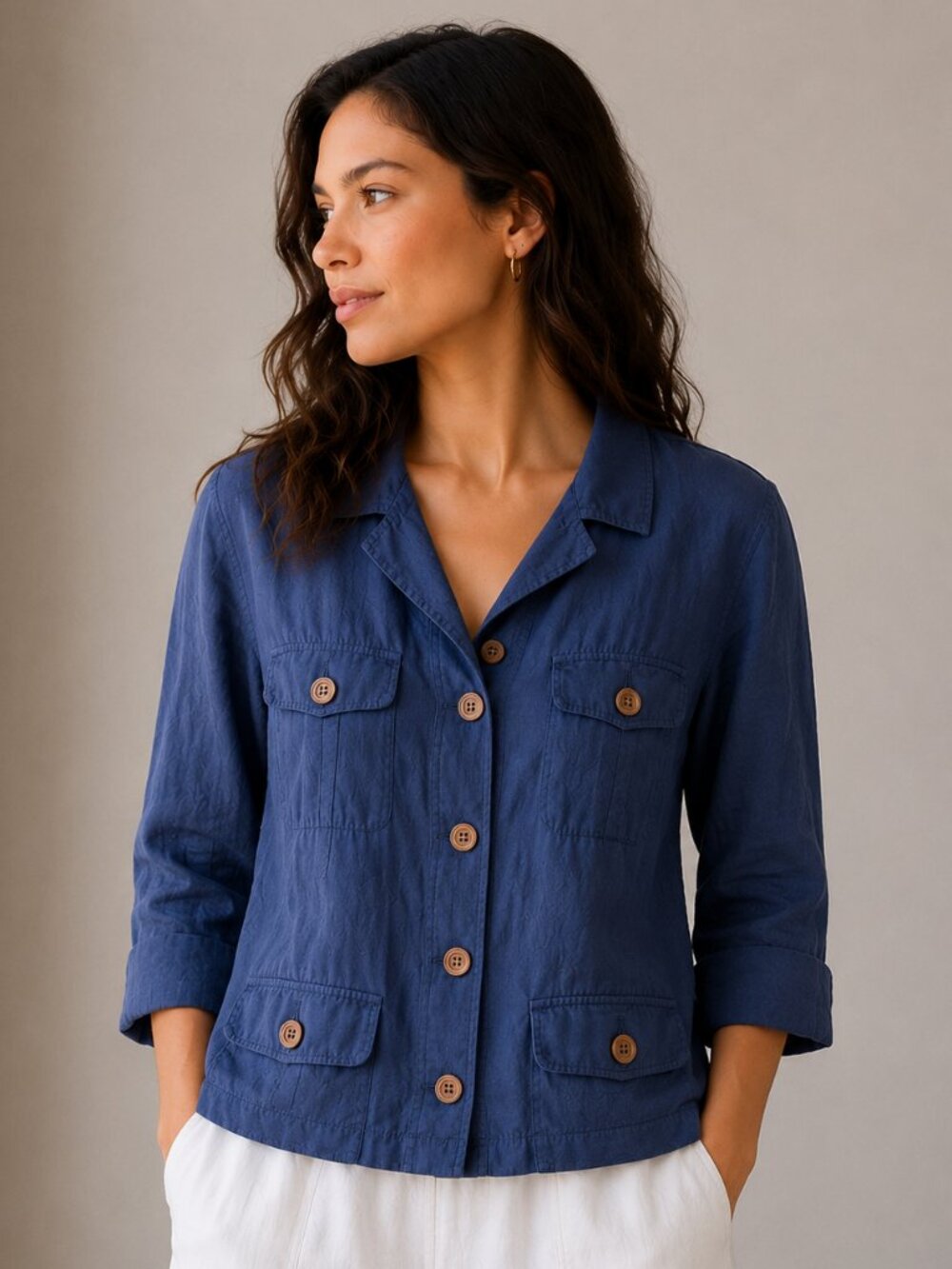 Merona 100% Linen Shirt Blue Button Front Long Sleeve Utility Shirt Women’s L
